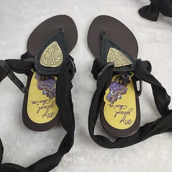My Good Choice Black Ribbon Sandals With Gold Accent. Size 38 EU = US Size 6. - Picture 5 of 10